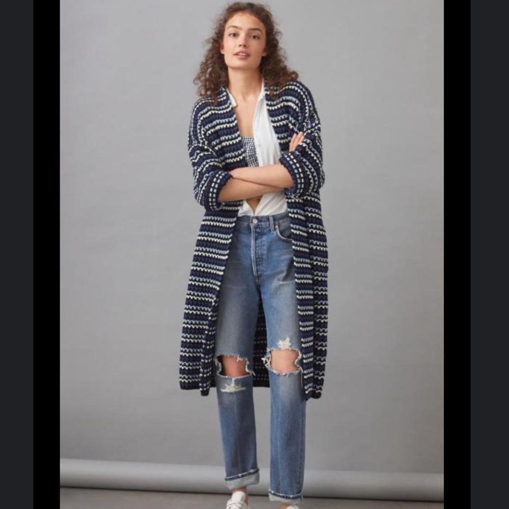 NWT FRNCH Paris by Anthropologie Crochet Longline Cardigan in Blue Multi